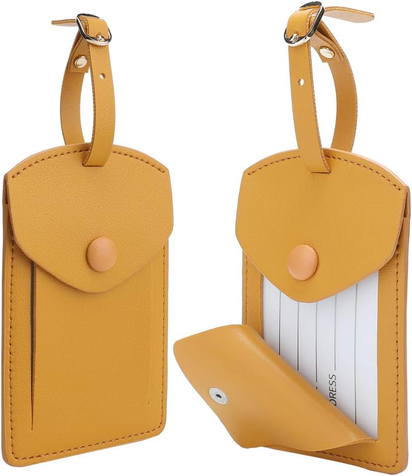 Kevancho Leather Smart Luggage Tags for Men Women, Suitcase Labels Baggage Tote Bag Tag ID Tags with Full Back Privacy Cover for Carnival Cruise Ship, Travel Accessories Tags Set of 2 PCS(Yellow)