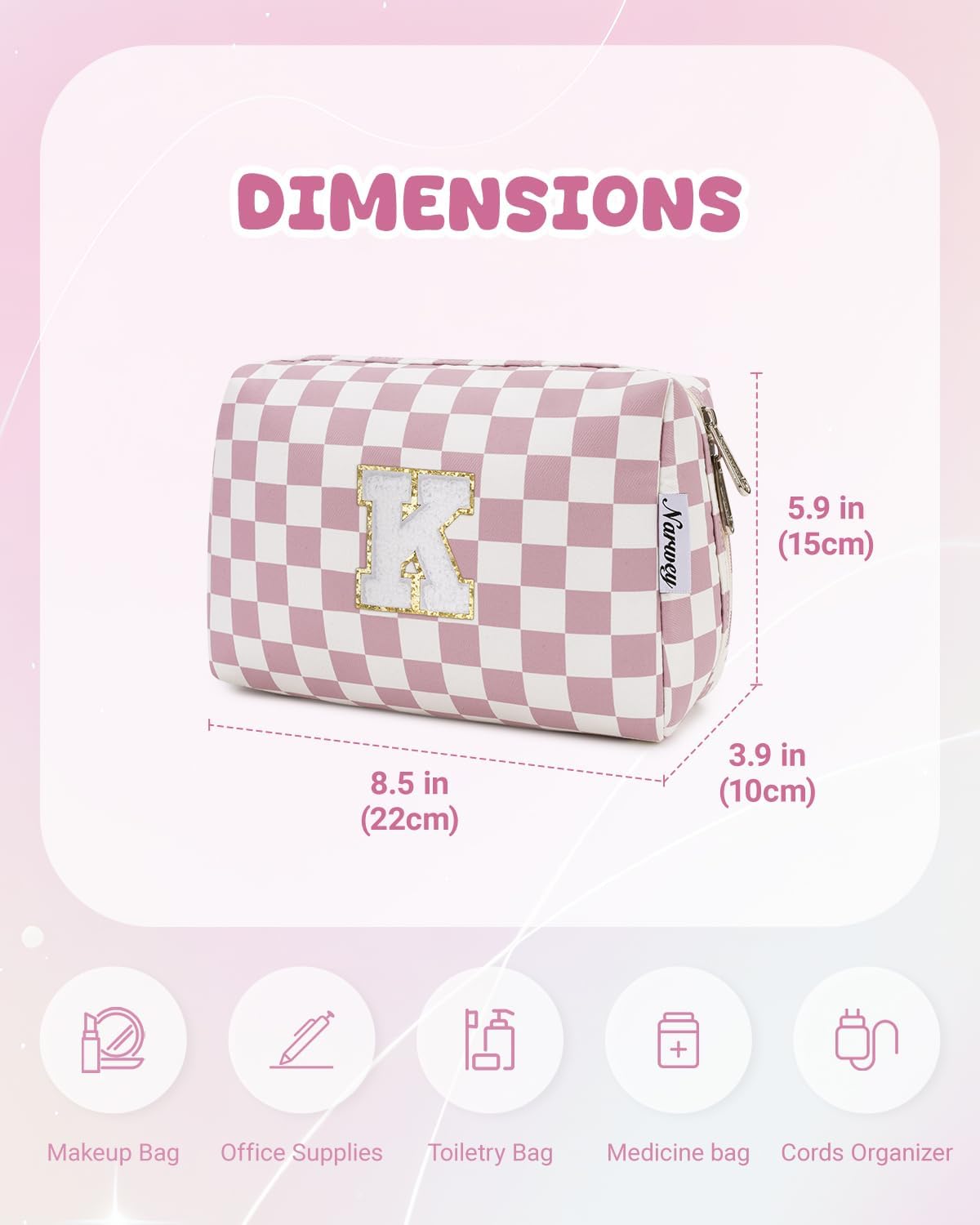 Narwey Birthday Gifts for Teen Girls Kids Women Personalized Initial Checkered Makeup Bag Pink Monogram Cosmetic Bag Trendy Stuff 6 8 10 11 12 13 14 16 18 Years Old Travel Toiletry Bag (Dusty Rose K)