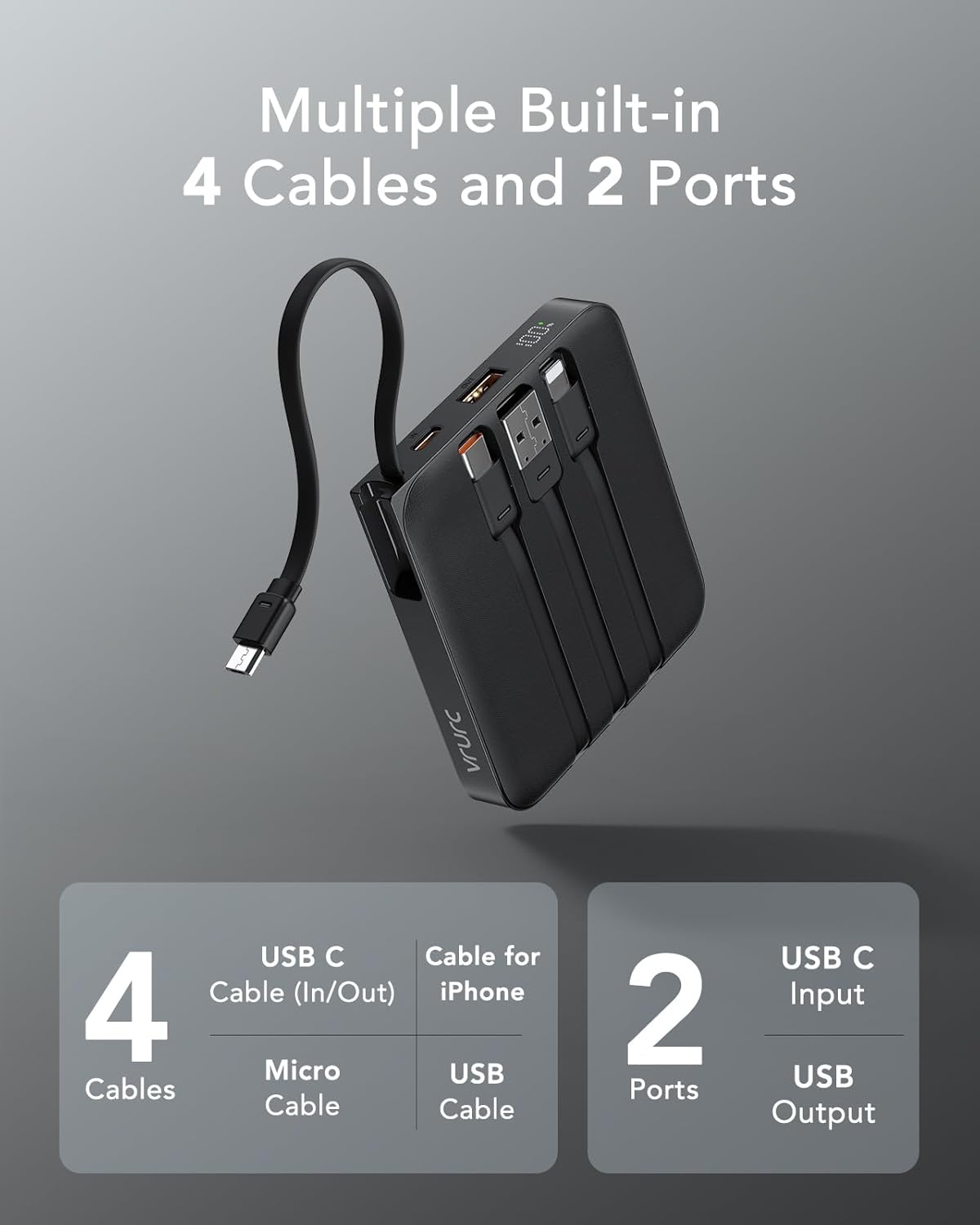 VRURC Portable Charger with Built-in Cable, 10000mAh 22.5W Fast Charging USB C Battery Pack, Cell