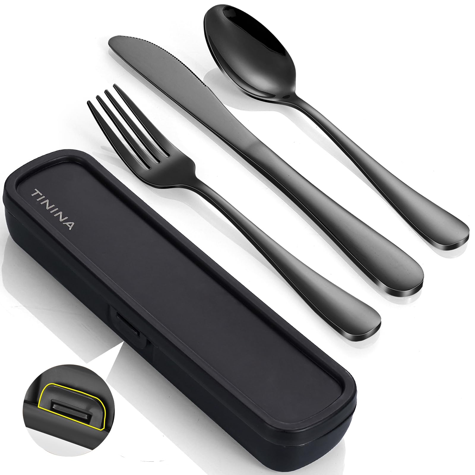 Travel Utensils with Case, 4-Piece Stainless Steel Portable Cutlery Set, Reinforced Case with