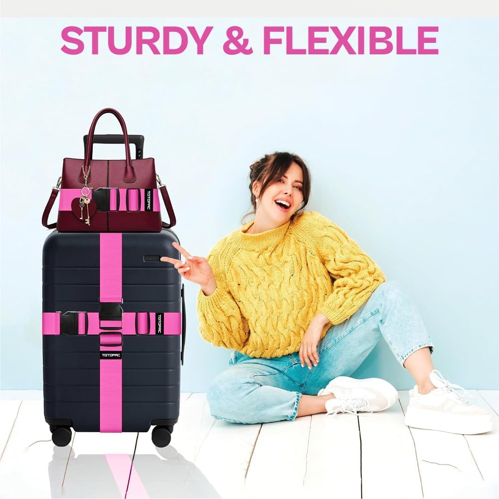 4 Pack Luggage Straps, Adjustable Suitcase Belts 72" x 2" with Quick Release Buckle, Durable Travel Accessories for Secure Luggage and Easy Identification (Pink)