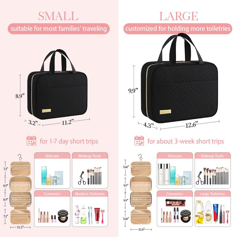 HOTOR Travel Toiletry Bag - Hanging Toiletry Bag for Women & Men, Makeup Bag/Big Comparment, Waterproof for Travel Accessories, Travel Essentials, Large, Black