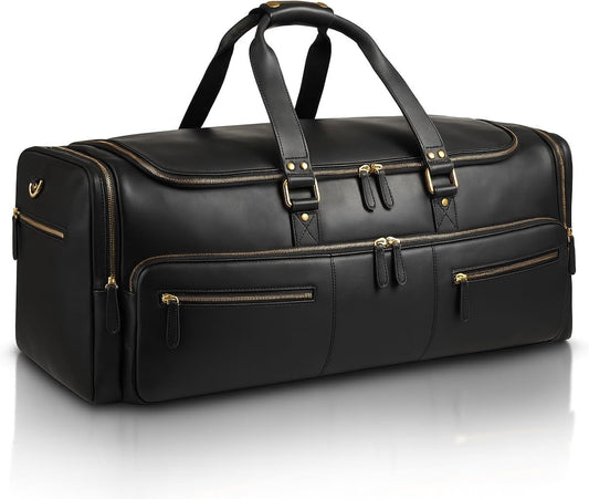 Luxorro Full Grain Leather Duffle Bag for Men | Large Weekender & Road Trip Bag | 30 Inch, 70L Capacity | Mens Overnight Travel & Gym Duffel | Black