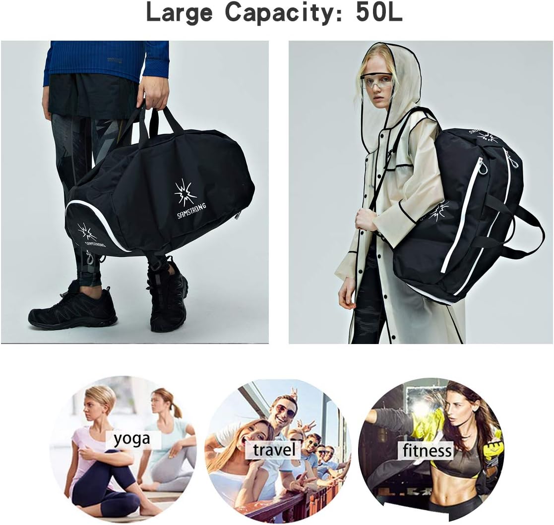 Samstrong Sports Gym Bag with Shoes Compartment 50 Liter Water Resistant Travel Duffel Bag Durable Duffle Bag Weekender Bag for Men and Women, Black