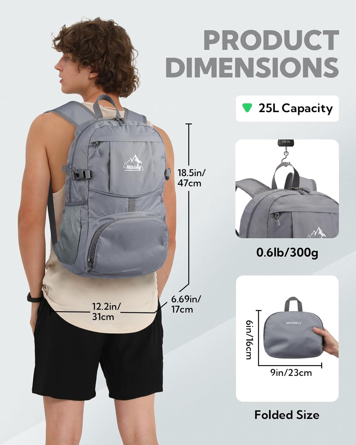 WATERFLY Hiking Packable Daypack Backpack: 25L Ultra Lightweight Day Pack for Woman Man - Small Compact Folding Back Pack for Outdoor Sport Cycling Camping Travel Trip - Gray