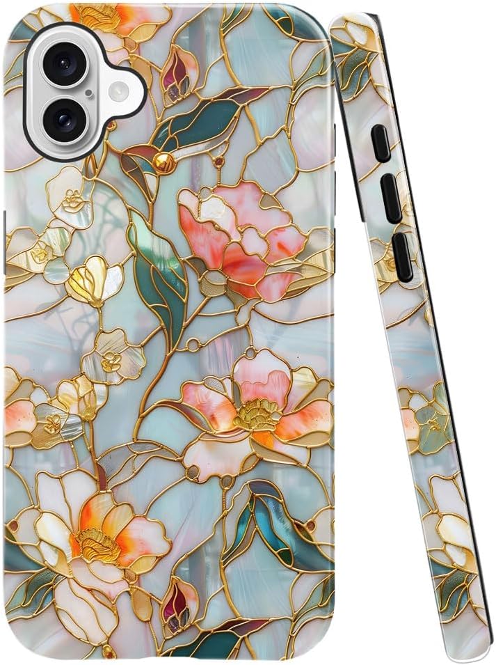 Case for iPhone 16 - Slim Fit Anti-Scratch Phone Case for Girl Women - Stained Glass Aesthetic Flowers (Glossy)