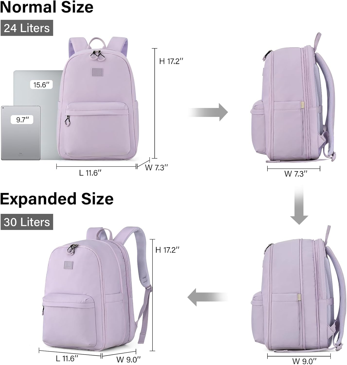 Hanke Expandable Travel Backpack for Women Men, 30L Carry On Backpack Flight Approved, Water Resistant Personal Item Travel Bag Fits 15.6 Inch, Dry & Wet Pocket Weekender Daypack, Taro Purple