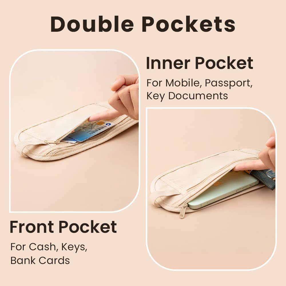 Omnpak Travel Money Belt, Hidden Waist Wallet Anti Theft Unisex Travel Pouch with Double Pocket to Protect Cash, Credit Cards, Passport Holder