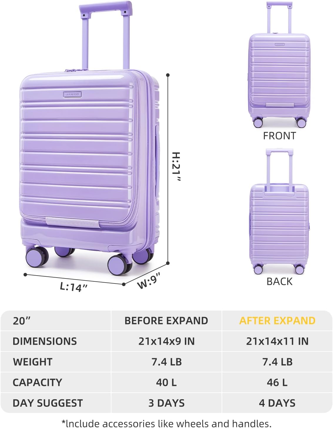 LARVENDER Carry On Luggage 22x14x9 Airline Approved, 20 Inch Expandable PC+ABS Hardside Carry On Luggage with Front Pocket Spinner Wheels TSA Lock for Women Men (Lavender)