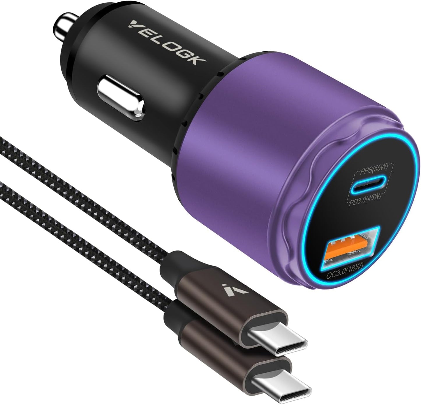 VELOGK Super Fast Type C Car Charger [73W Turbo], Fast Adaptive 55W 45W PPS/PD&QC3.0 USB C Car Adapter[Super Fast Charging 2.0]for Samsung S25 Ultra/S24 Ultra/S23 Ultra/S22+/S21/S20, iPad Pro(Purple)