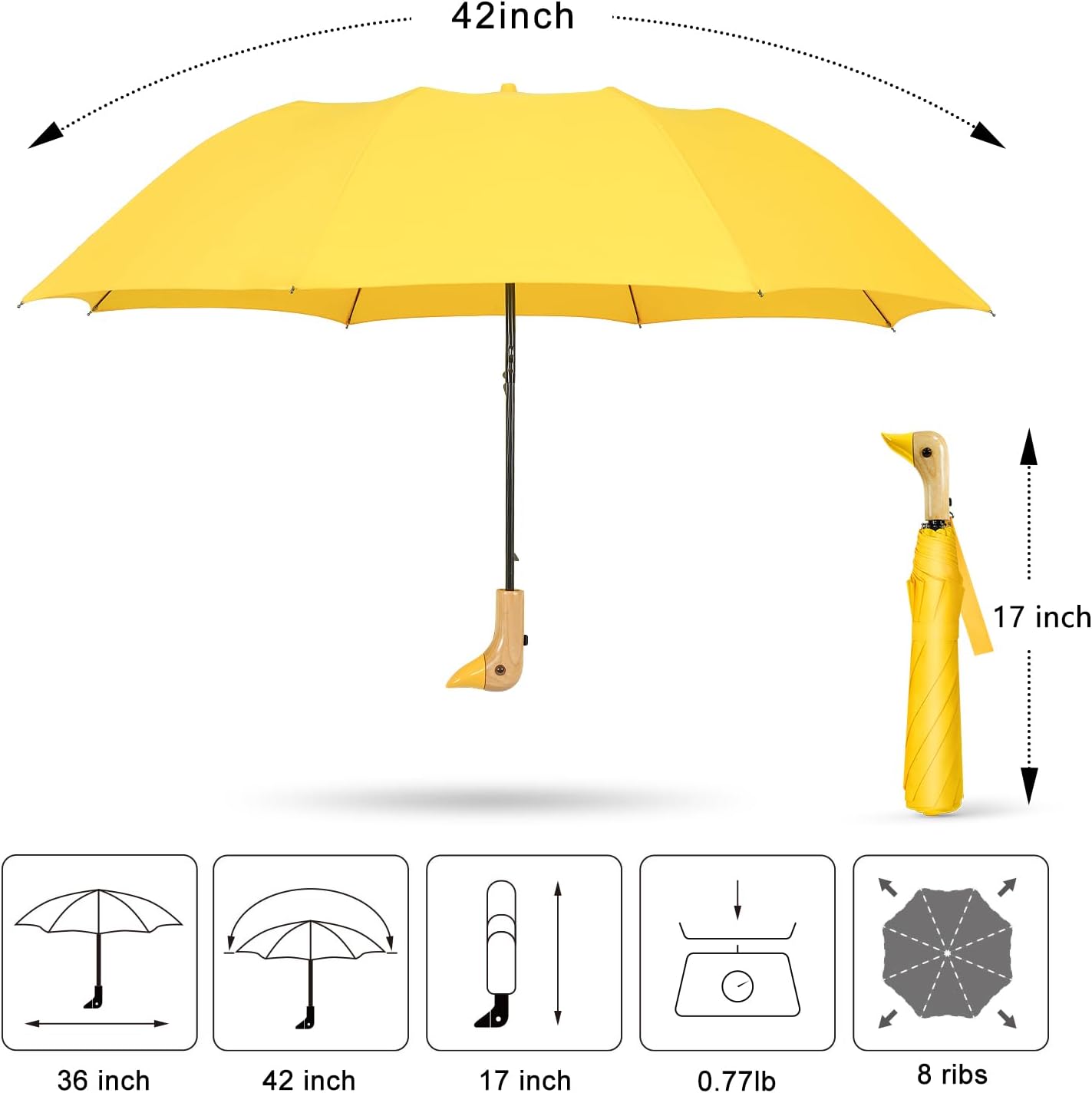 Duck Handle Umbrella Kids - Compact Portable Folding Lightweight Small Strong Wooden Duck Windproof Travel Umbrella for Kids Gifts