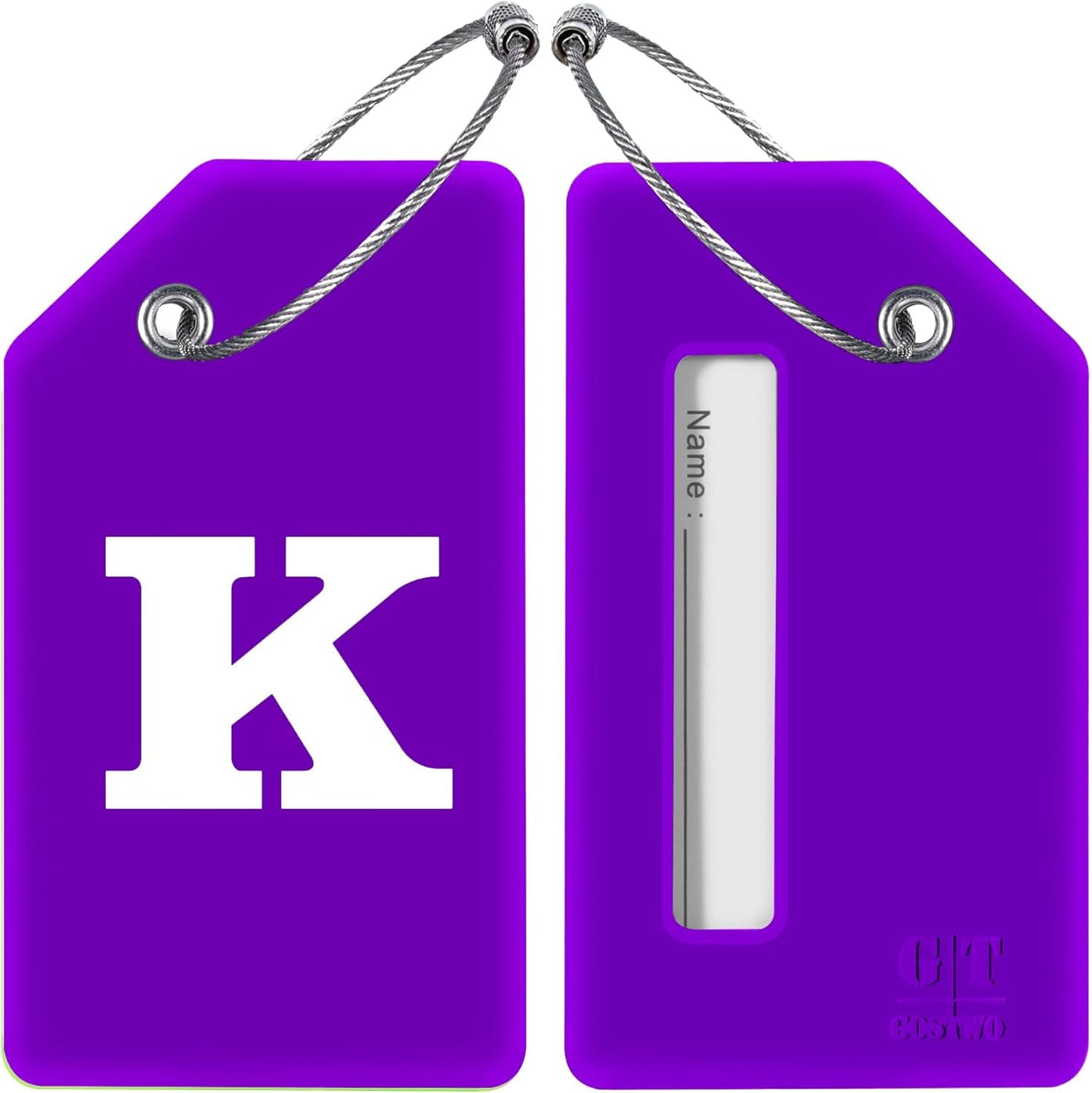 Gostwo 2 Pack Silicone Luggage Tags for Suitcases, 26 Initial Letter Baggage Labels Handbag School Bag Suitcase Instrument Tag with Stainless Steel Loop(Purple) (Letter K)