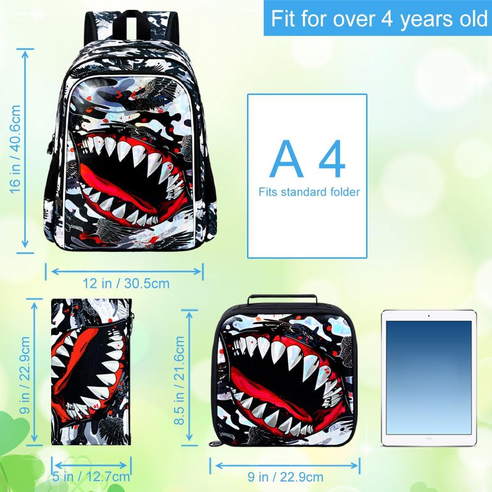 3Pcs Boys Backpack, 16" Shark Bookbag for Elementary Preschool Kindergarten, Kids School Backpacks with Lunch Box(Black)