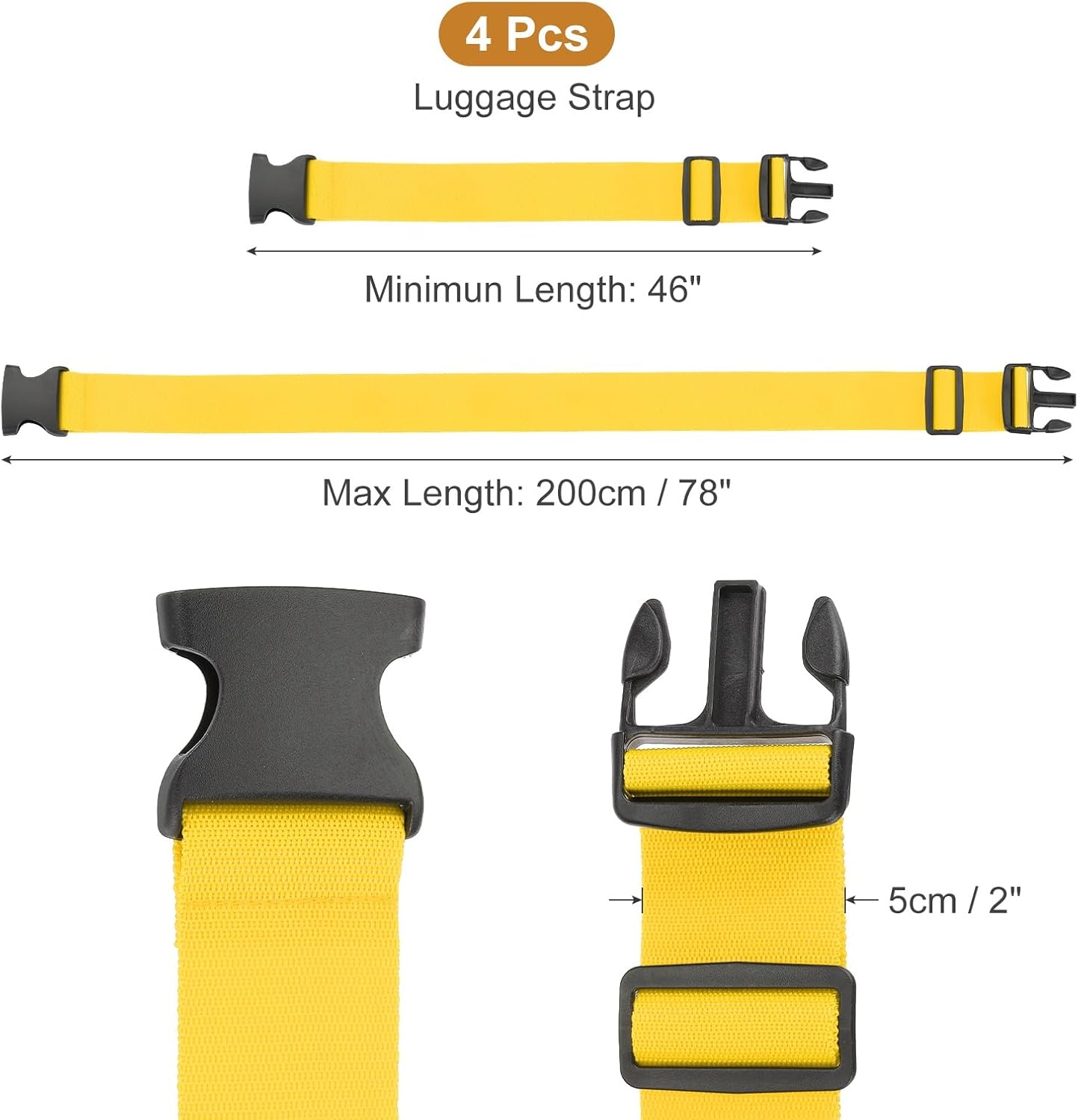 MECCANIXITY Luggage Straps with Quick-Release Buckle Adjustable Suitcase Belt Strap for Suitcase Briefcase Backpack Travel, Yellow, Pack of 4
