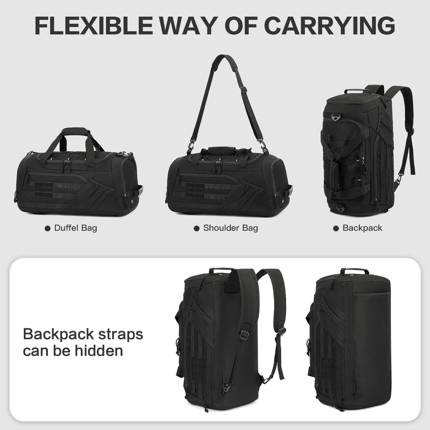 3-in-1 Tactical Gym & Travel Duffle Bag Backpack Men Multi-Functional 45L Military Sports Duffle Bag with Shoe Compartment & Wet Pocket for Workout Weekender Overnight Bag with Molle Webbing, Black