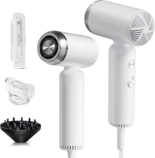 Hair Dryer, Travel Portable [Super Mini] High-Speed Ionic Blow Dryer with Magnetic Diffuser, 200 Million Negative Ions, 110,000RPM Brushless Motor for Home Salon Fast Drying Compact Lightweight, White