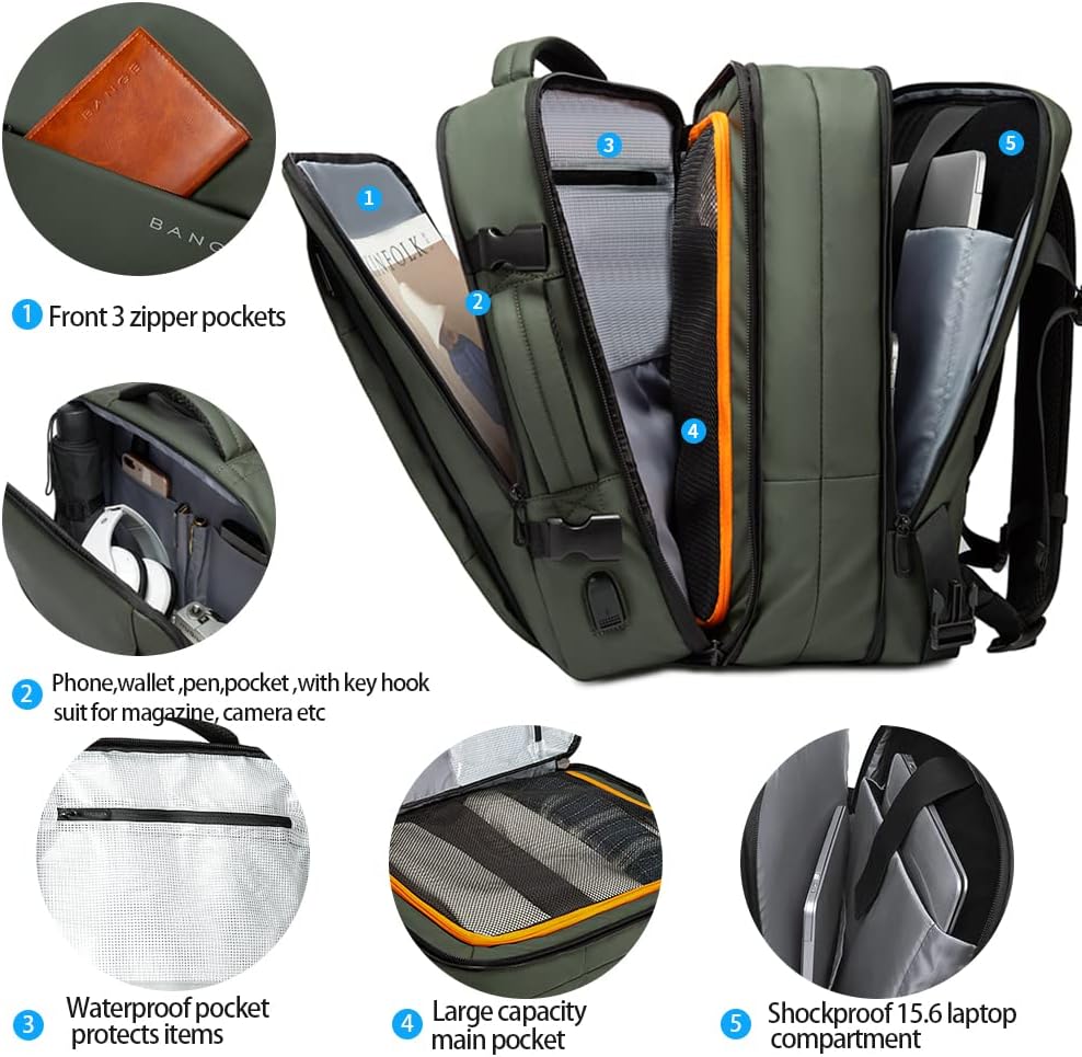 BANGE Carry-on Backpack, 45L Expandable Travel Backpacks,Weekend Backpack Briefcase,Waterproof