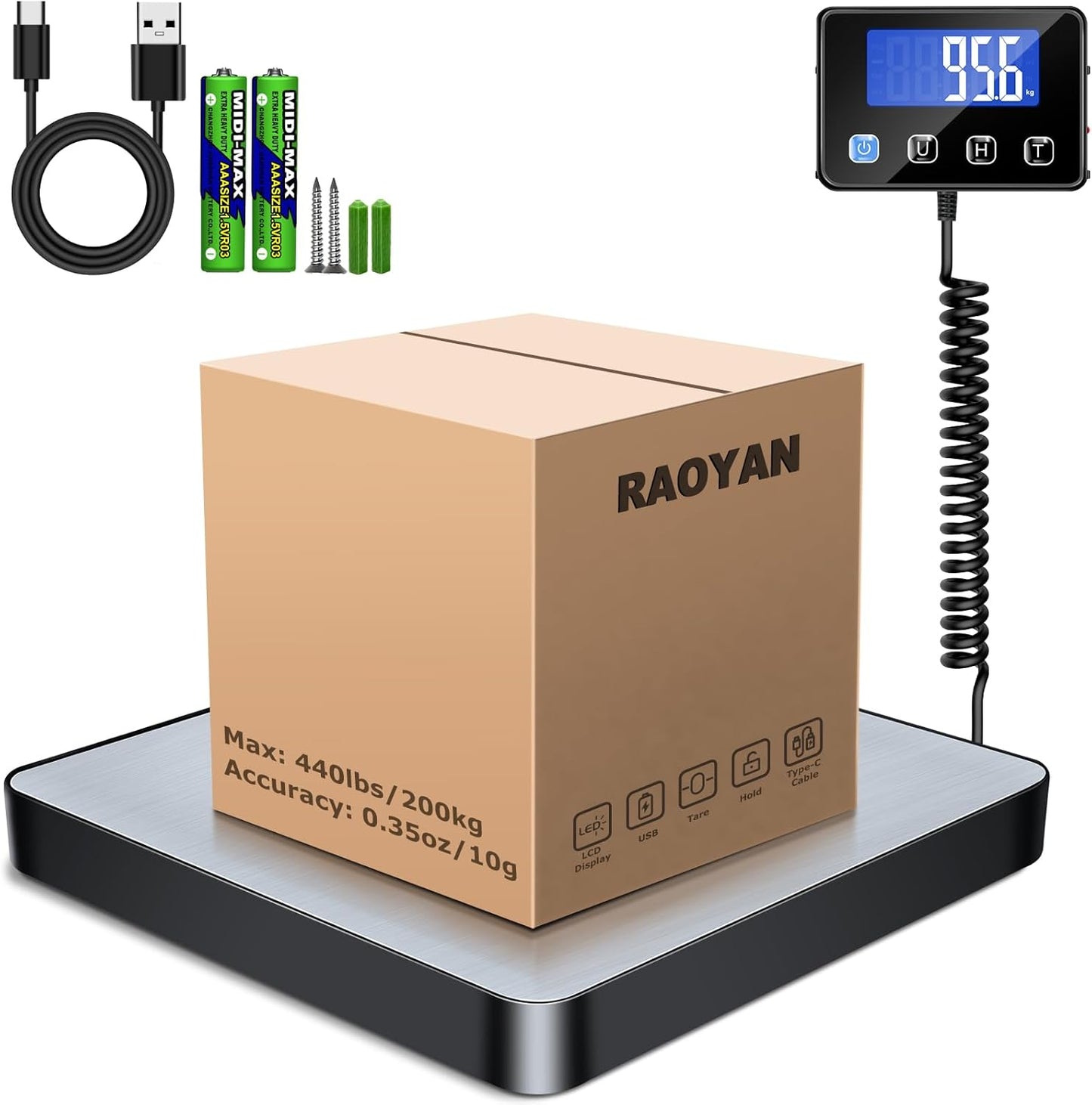 Shipping Scale, 440lb/0.5oz High Accuracy Digital Scale for Packages with Hold, Tare Function, Postal Scale for Small Business, Luggage, Home Use (Battery & Charging Cable Include)