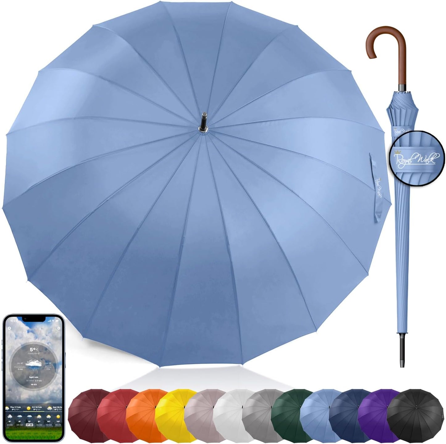 Royal Walk Windproof Large Umbrella for Rain 54 Inch Automatic Open for 2 Persons Wind Resistant Big Golf Umbrellas for Adult Men Women Classic Wooden Handle Fast Drying Strong 16 Ribs Travel 120cm