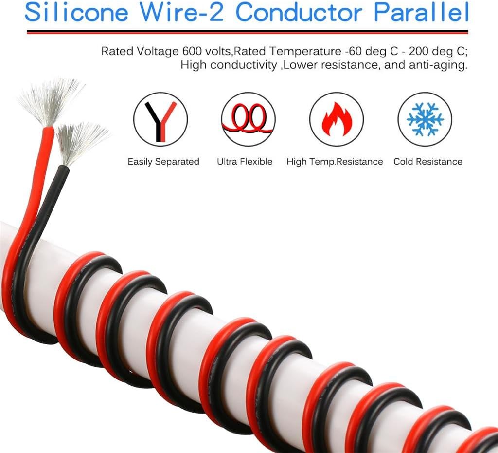 BNTECHGO 16 Gauge Flexible 2 Conductor Parallel Silicone Wire Spool Red Black High Resistant 200 deg C 600V for Single Color LED Strip Extension Cable Cord,Model,50ft Stranded Tinned Copper Wire
