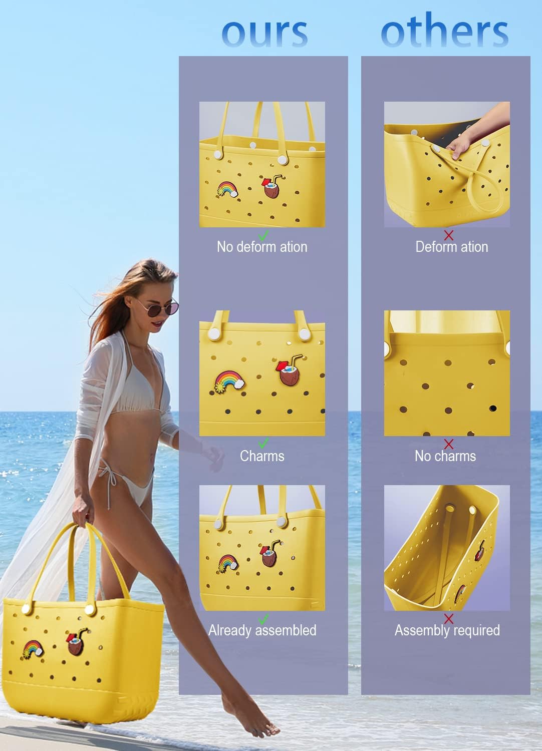 Beach Bag Rubber Tote Bag - Waterproof Travel Bag for Women Washable Tote Bag Handbag for Sports Beach Market Pool