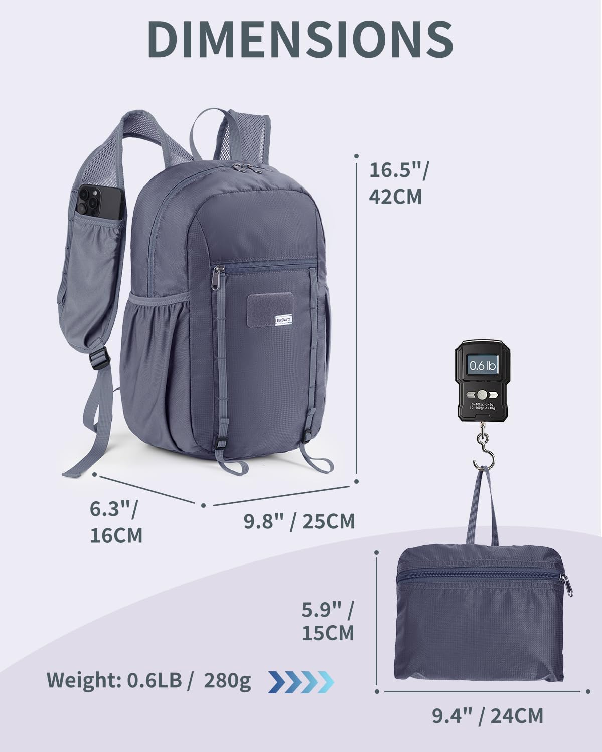 Blue Quartz 15L Hiking Backpack with Chest Pockets for Phone, Ultralight Hiking Daypack with Sternum Straps, Lightweight Foldable Packable Back Pack for Women Men(patent pending)