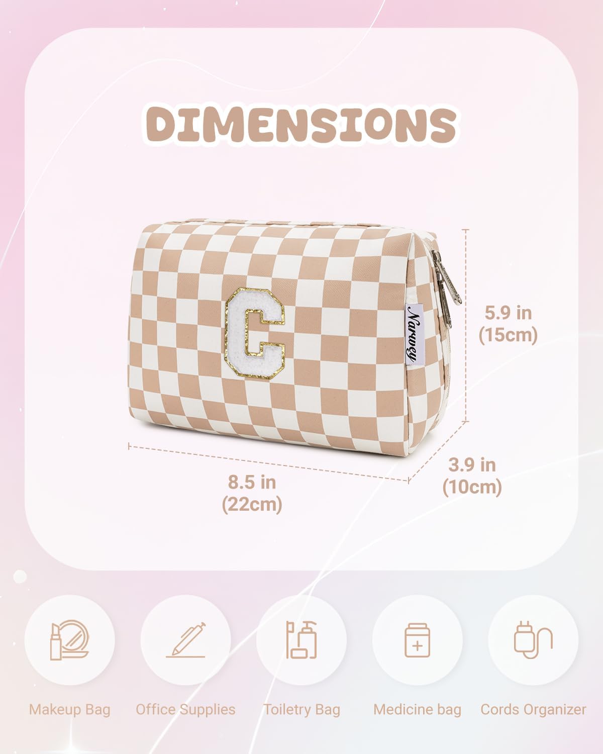 Narwey Birthday Gifts for Women Teen Girls Kids Personalized Initial Checkered Makeup Bag Cute Cosmetic Bag Trendy Stuff 6 8 10 11 12 13 14 16 18 Years Old Travel Toiletry Bag (Brown Letter C)