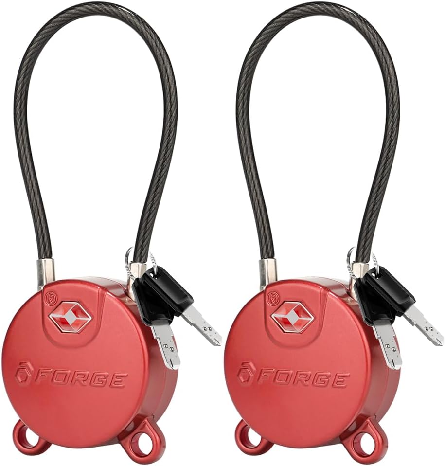 Forge TSA Approved Luggage Locks Ultra-Secure Dimple Key Cable Locks for Travel with Zinc Alloy Body- 2 Red Locks