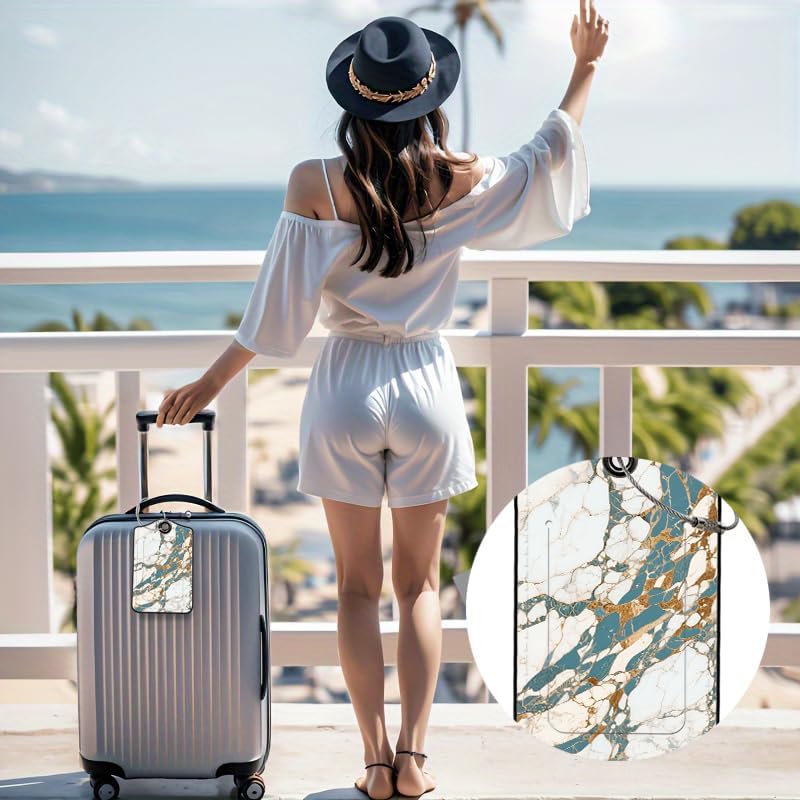 2 Pack Marble Patterns Leather Luggage Tags for Suitcases, Travel Bag Tags with Privacy Cover ID Label with Stainless Steel Loop for Women Men Girls Backpack Gift (White Blue)
