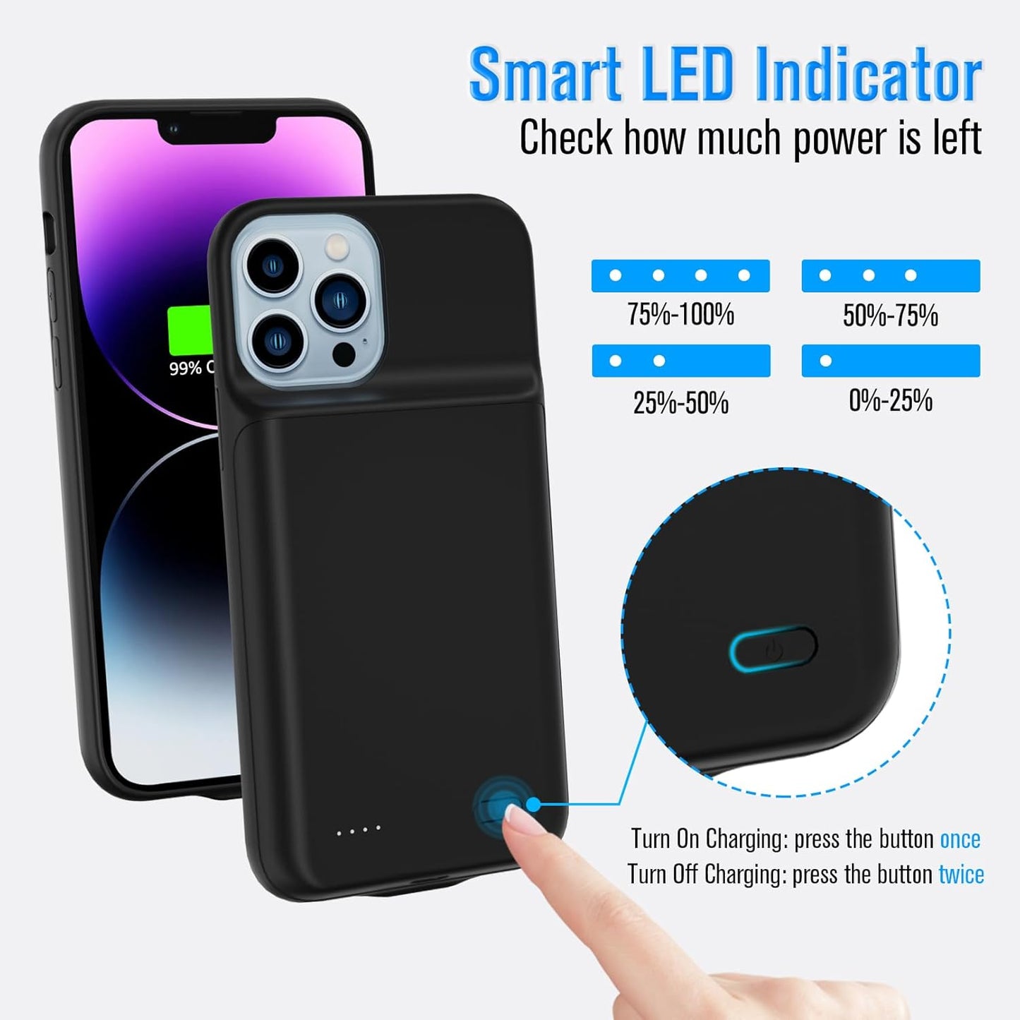 Gladgogo Battery Case for iPhone 14 Pro Max, Powerful 8500mAh Portable Protective Charging Case Charger Cover Rechargeable Extended Battery Pack Compatible with iPhone 14 Pro Max (6.7 inch) - Black