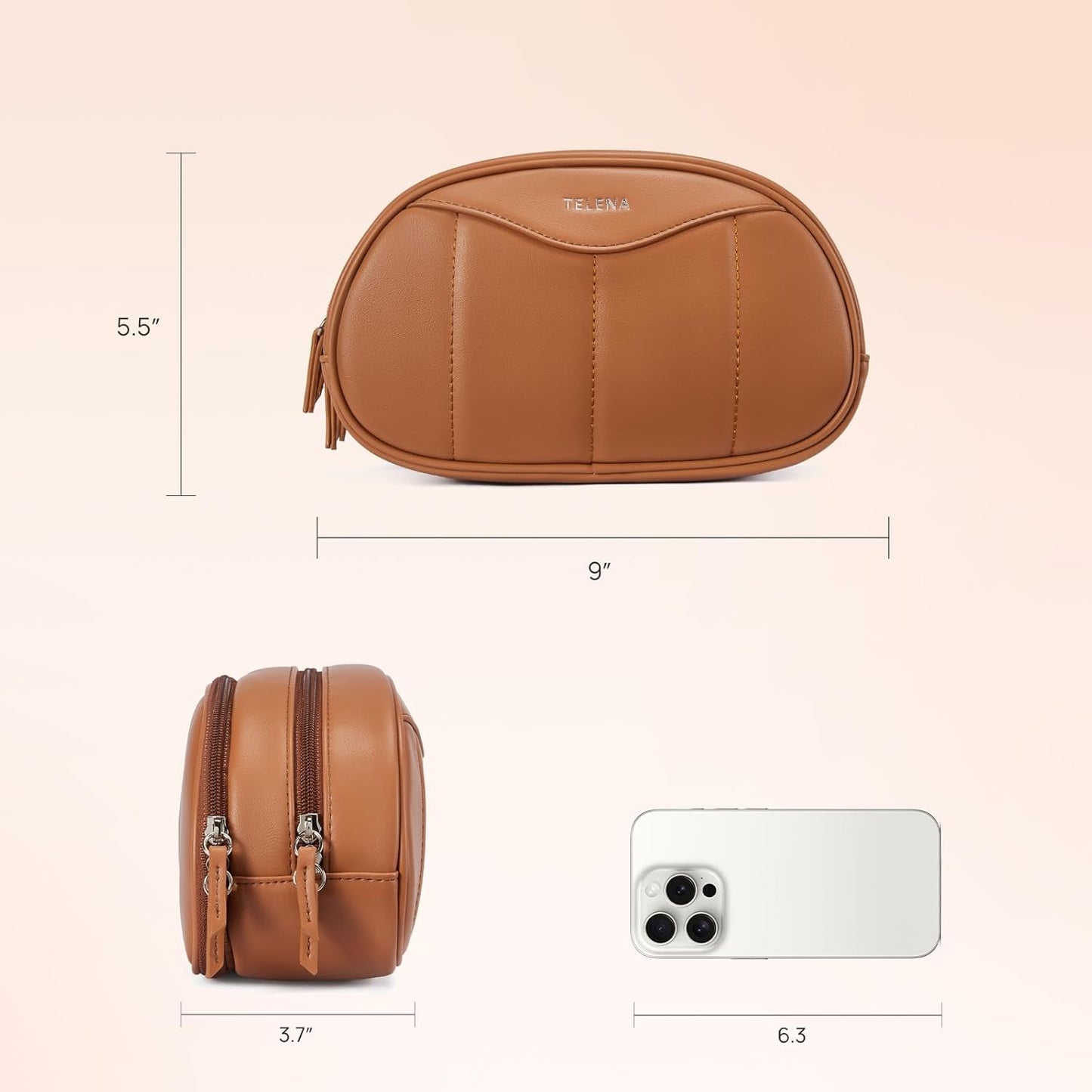 Telena Medium Makeup Bag, Travel Make Up Bag for Women, Vegan Leather Cosmetic Bag for Travel Essentials