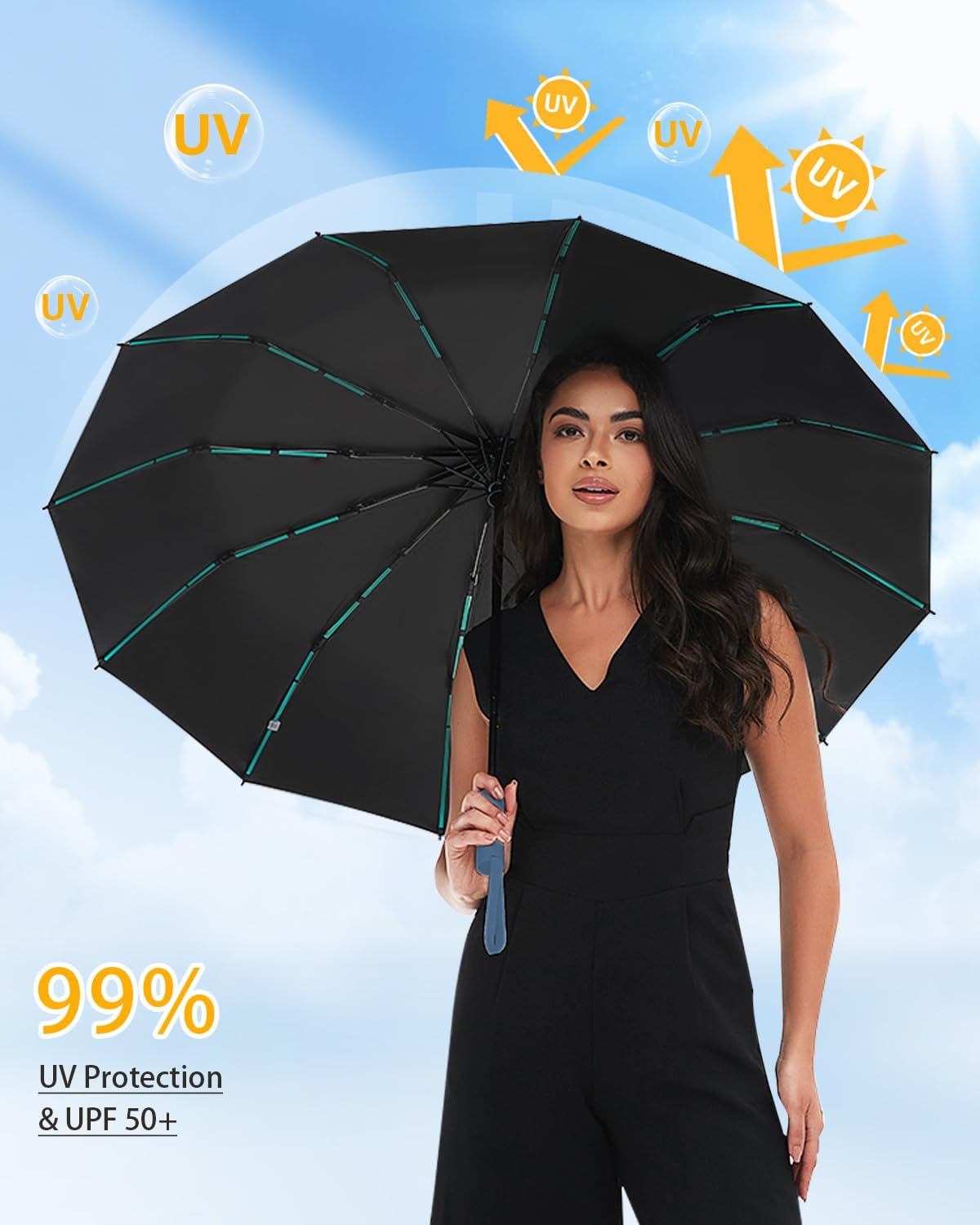 Large Double-Ribs Umbrella Automatic Folding Umbrella for Women Men, Travel, UPF 50+ UV Protection,46-Inch, 12 Ribs, Light Green