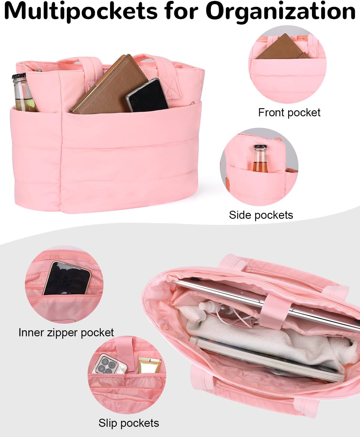 Puffer Tote Bag with Zipper for Women, Lightweight Quilted Handbag with Laptop Compartment for Work Nurse