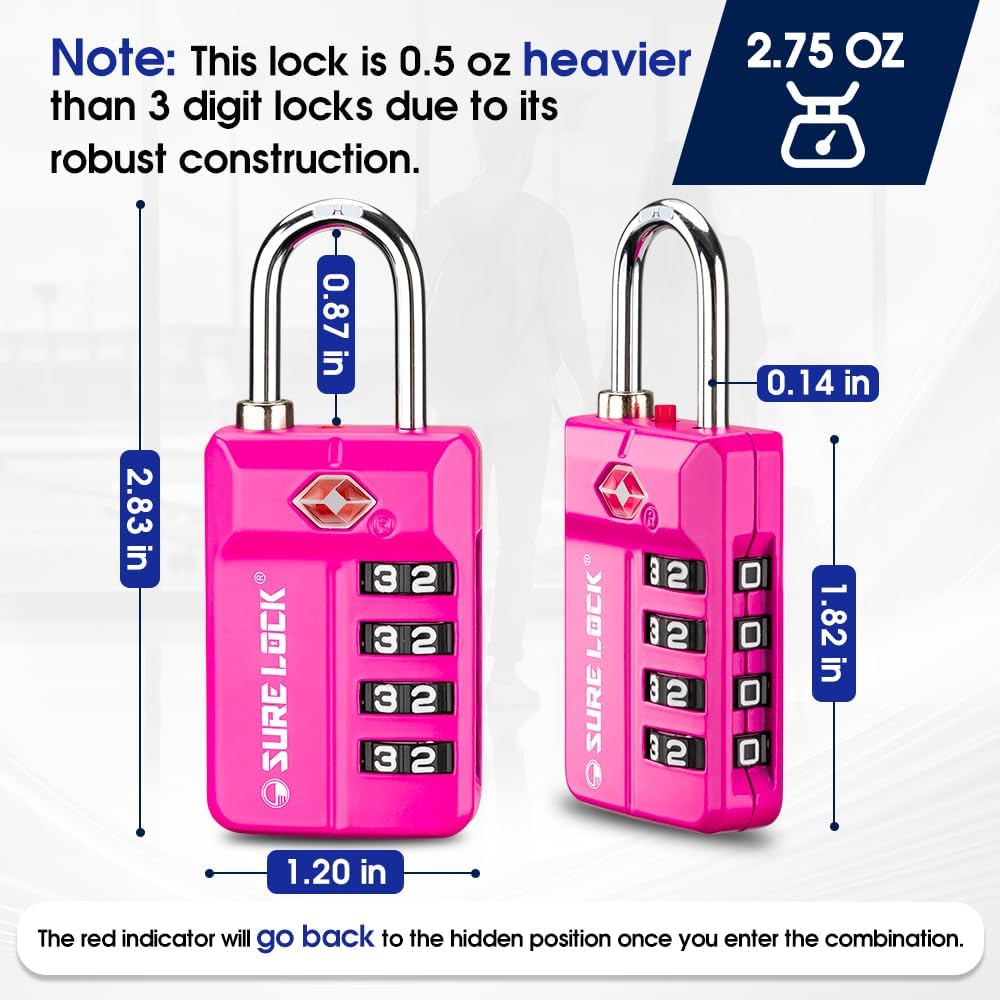 SURE LOCK TSA Approved 4-Digit Resettable Combination Luggage Locks with Open Alert, Easy-Read