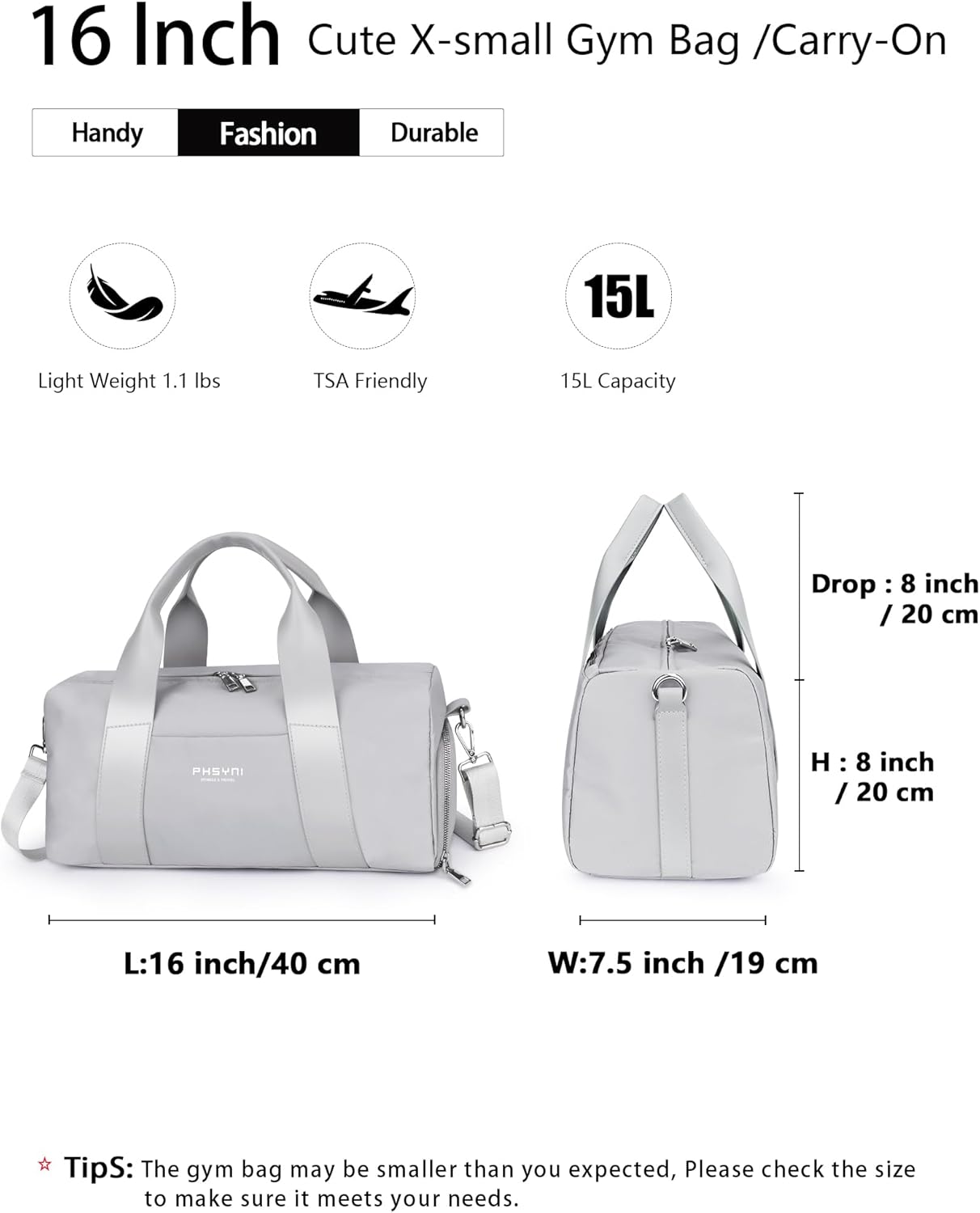 Compact Sports Gym Bag for Women and Men, Cute Mini Duffle Bag with Wet Pocket & Shoes Compartment, Personal Item Travel Workout Bag, 16"-Small, Grey