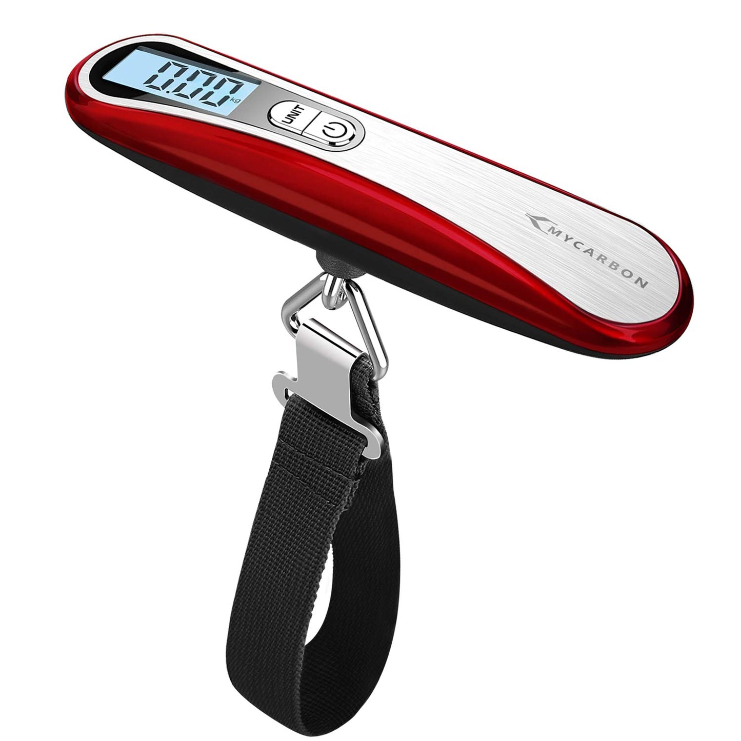 MYCARBON Luggage Scale Digital Hanging Baggage Scale, Portable Travel Weight Scale, Suitcase Weighing Scale with Backlit LCD Display, 110 Lb Capacity, Battery Included Red