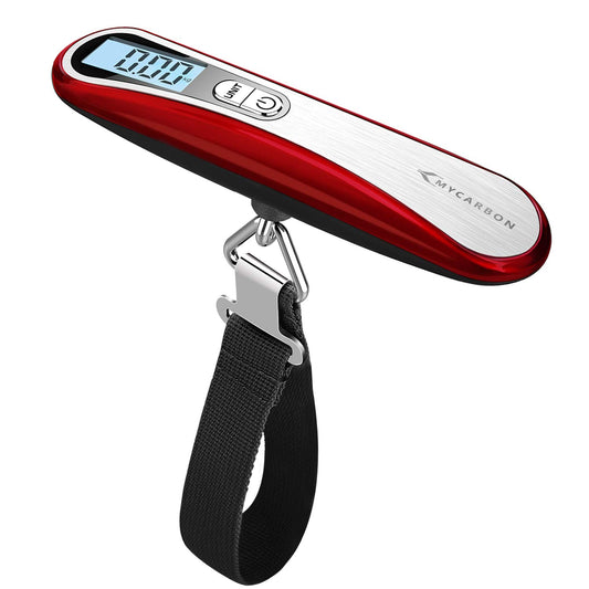 MYCARBON Luggage Scale Digital Hanging Baggage Scale, Portable Travel Weight Scale, Suitcase Weighing Scale with Backlit LCD Display, 110 Lb Capacity, Battery Included Red