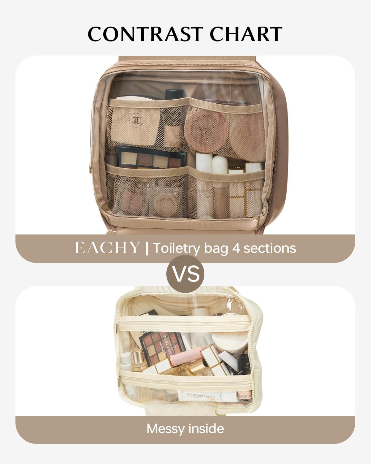 EACHY Travel Toiletry Bag with Hanging Hook, Portable Makeup Cosmetic Bags for Women, Water-Resistant Full-Size Travel Accessories (Pink)