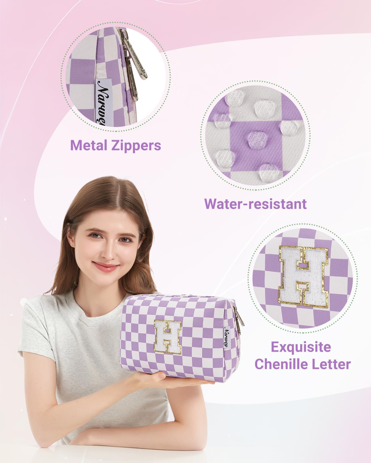 Narwey Birthday Gifts for Women Teen Girls Kids Personalized Initial Makeup Bag Monogram Preppy