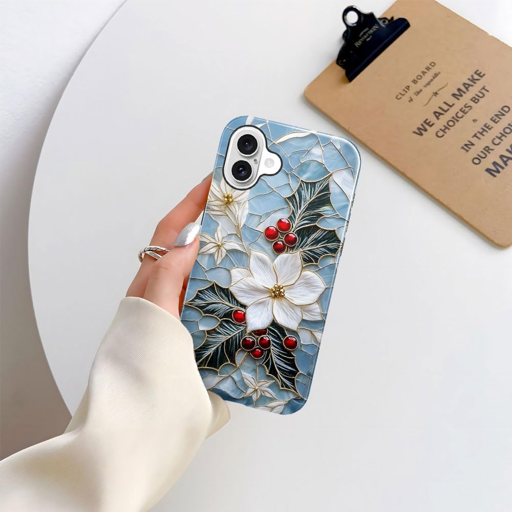Case for iPhone 16 Plus - Slim Fit Anti-Scratch Phone Case for Girl Women - Christmas Holly Elegant Winter Floral (Glossy)