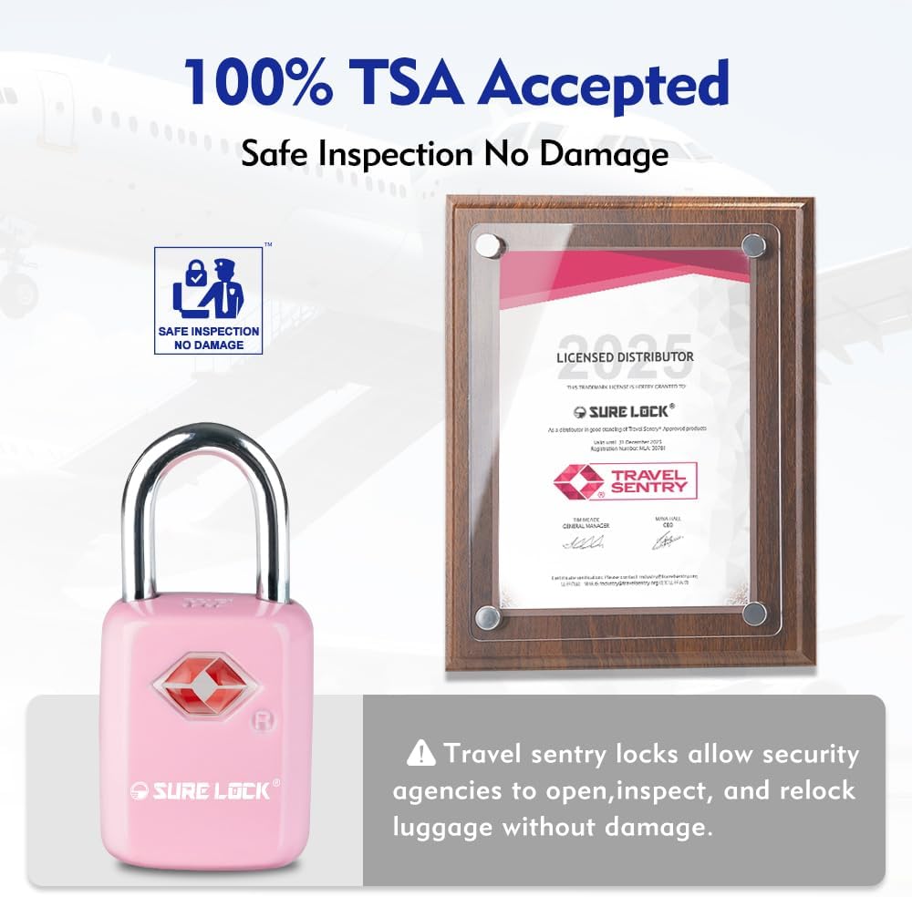 Sure Lock TSA Approved Luggage Locks Mini Size Lock with Keys for Travel, Zinc Alloy Body with Steel Shackle, Key Alike, Key Alike in The Same Package