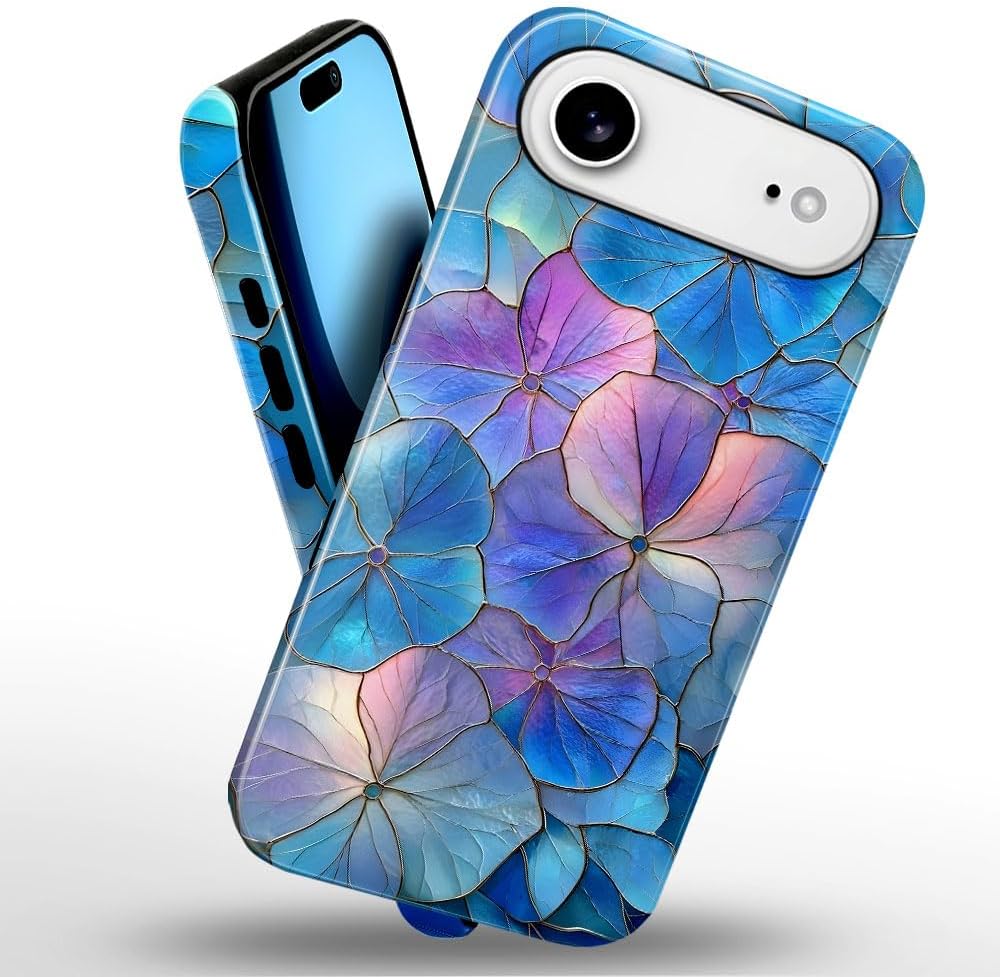 Case for iPhone 17 Air - Slim Fit Anti-Scratch Phone Case for Girl Women - Blue Hydrangea Floral Stained Glass Aesthetic (Glossy)