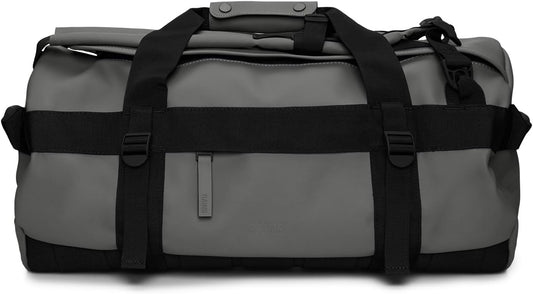 RAINS Texel Duffel Bag Small - Waterproof Grey Duffel with U-Shaped Zip Closure, Mesh Pockets, Compression Straps, and Padded Carry Handles - 2 Year Warranty