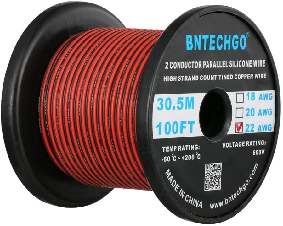 BNTECHGO 22 Gauge Flexible 2 Conductor Parallel Silicone Wire Spool Red Black High Resistant 200 deg C 600V for Single Color LED Strip Extension Cable Cord,Model,100ft Stranded Tinned Copper Wire