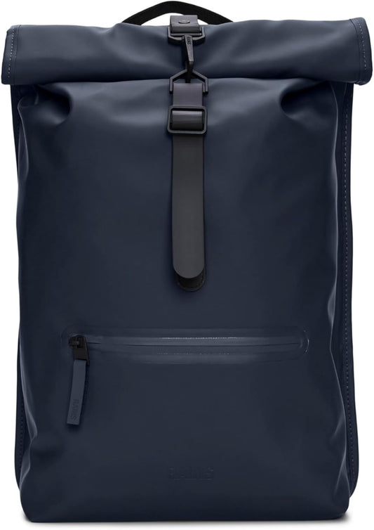 RAINS Rolltop Rucksack – Navy Waterproof Rolltop Backpack Water Resistant Water Repellent Commuter Travel Pack Urban Minimalist Design – 2 Year Warranty