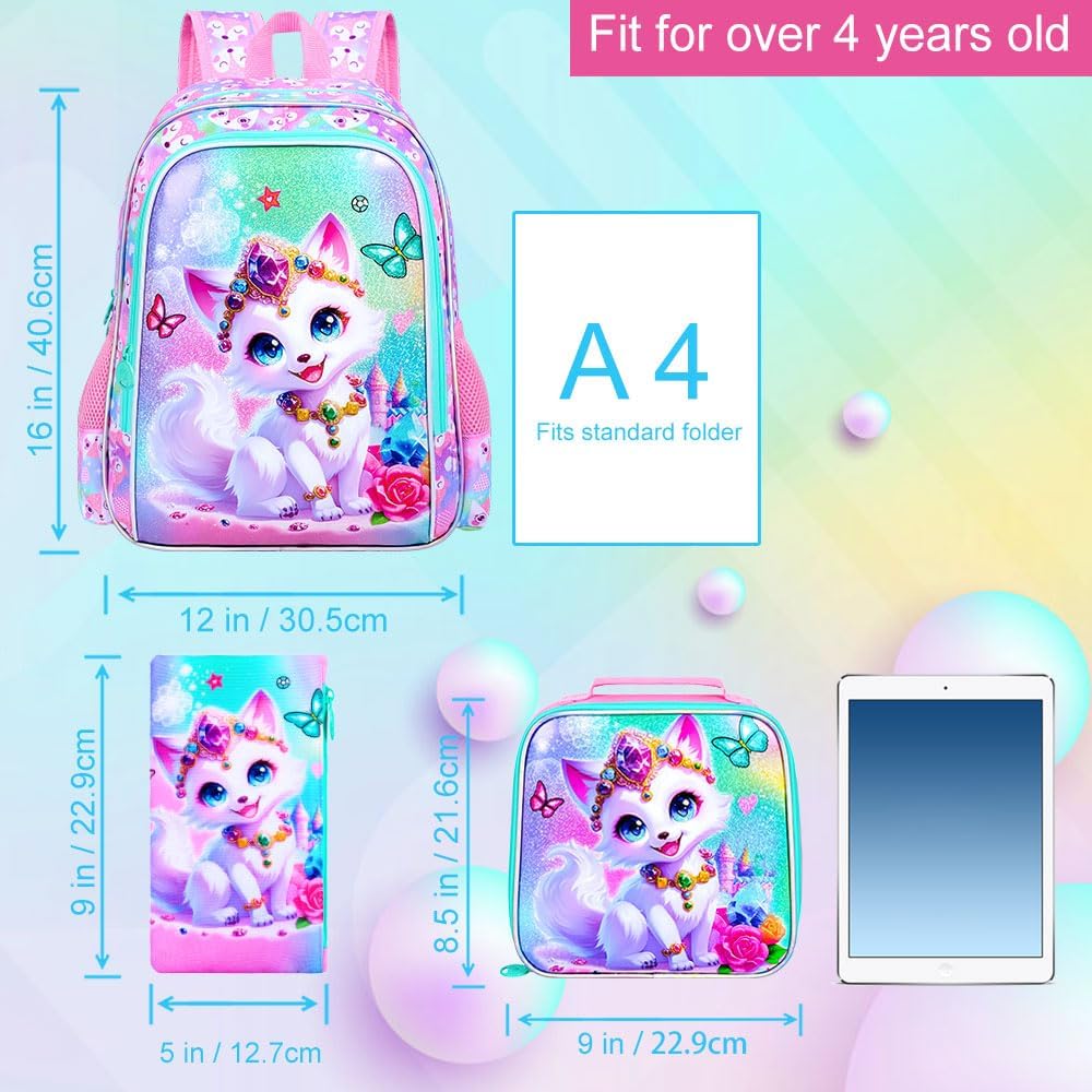 3Pcs Fox Backpack for Girls, 16" Kids Bookbag with Lunch Box，School Backpacks for Elementary Preschool Kindergarten (Pink)