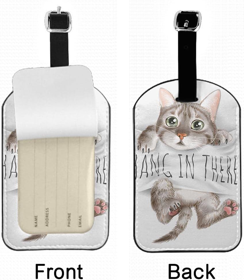 Cute Cat Hand On Sign Travel Baggage Bag Tags Quote Hand in There Cartoon Kitty Luggage Tags Travel Suitcase Tags with Name ID Card for Luggage Suitcase Schoolbag Lunchbag, 1 Pack