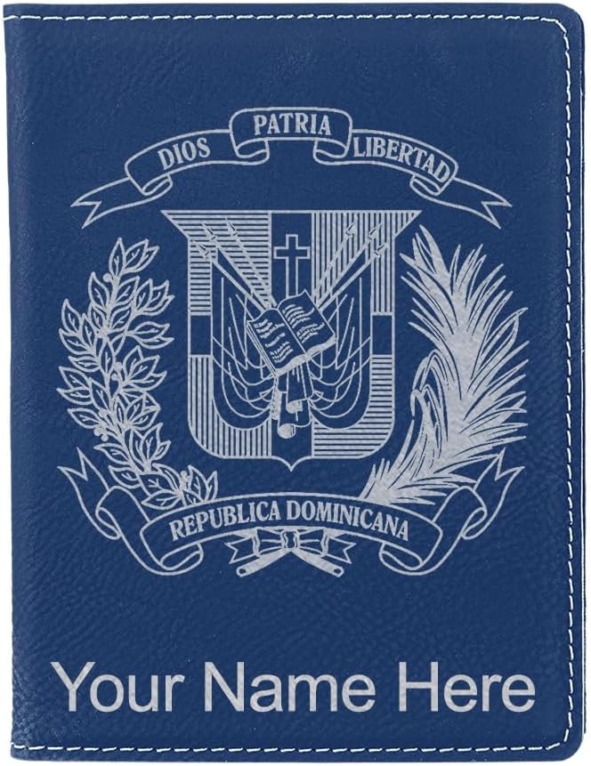 LaserGram Faux Leather Passport Holder, Coat of Arms Dominican Republic, Personalized Engraving Included (Dark Blue)