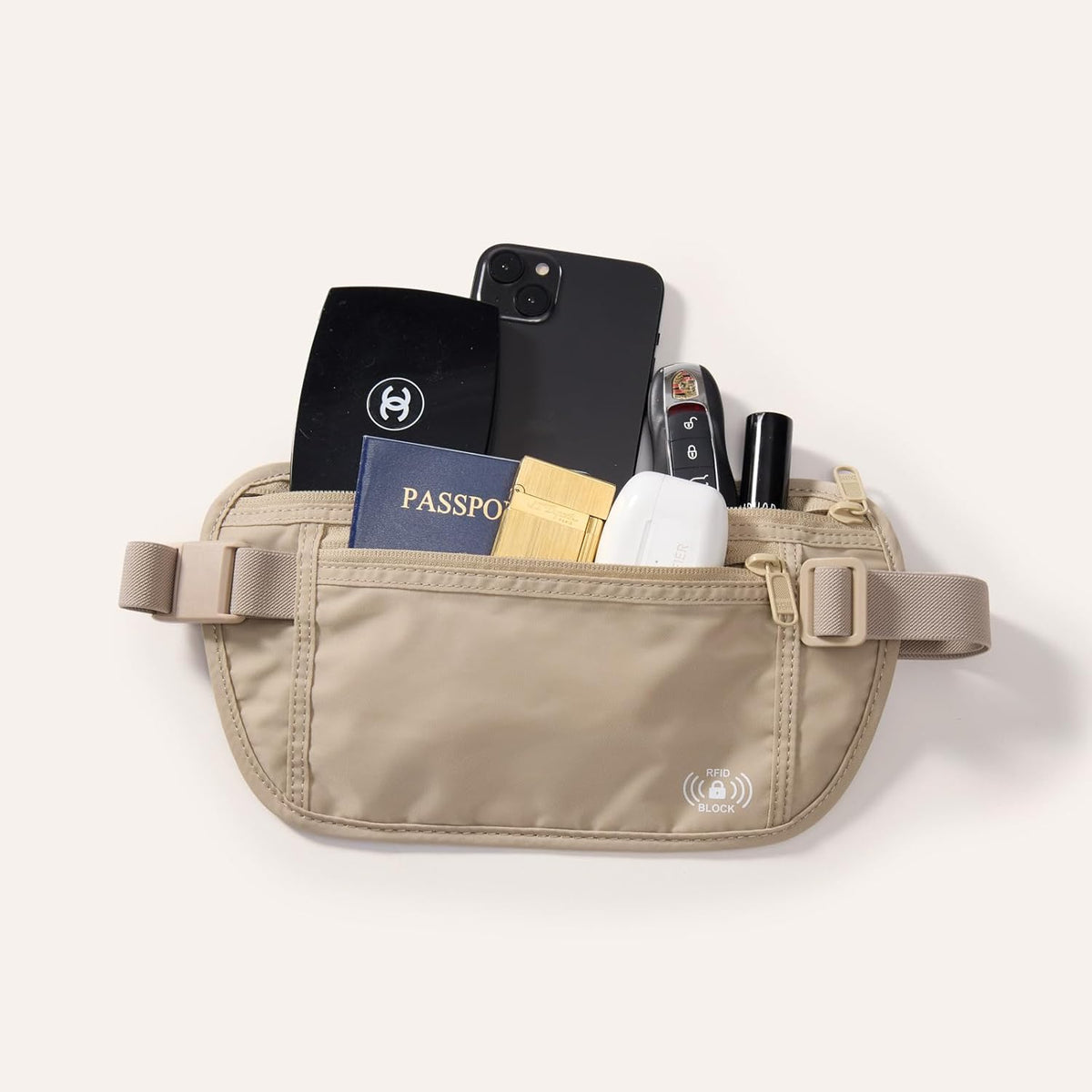 Pander RFID Blocking Travel Money Belt – Hidden Waist Pouch for Passport, Cash, Cards, Slim Belt