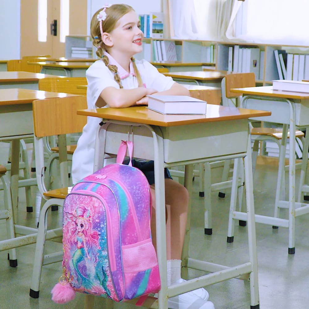 UFNDC 3PCS Backpack for Girls with Lunch Box,16”Kids Sequin Bookbag with Lunch Box, School Bag for Elementary Toddler